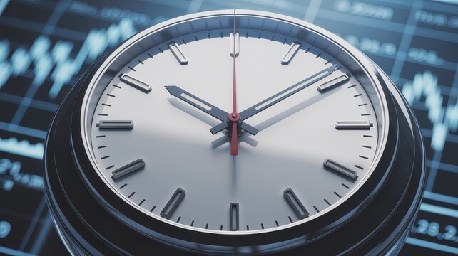 Modern silver analog clock face on financial stock market background, time management concept for business trading, metallic watch over data charts