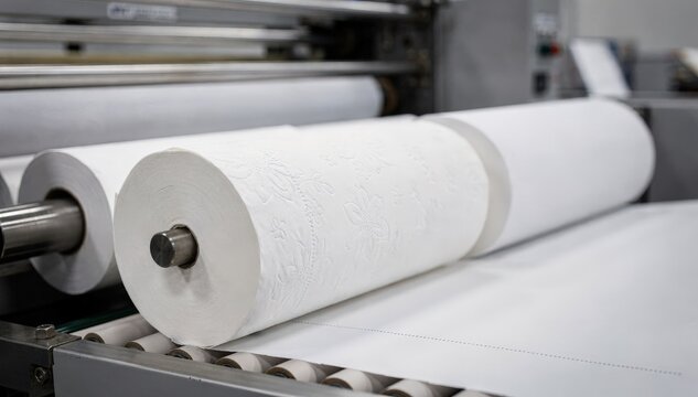 Closeup medium shot of premium soft toilet tissue rolls in production highlighting delicate embossing precise perforation and smooth rewinding processes for luxury bathroom
