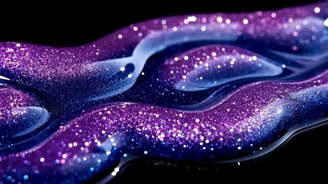 Macro footage of shimmering purple and blue glitter gel texture flowing on a black background. AI fluidity and luxury beauty concept for cosmetics advertising or abstract design.