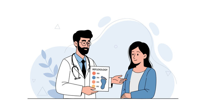 Doctor explains reflexology to patient, holistic therapy consultation, foot chart illustration, medical and wellness concept