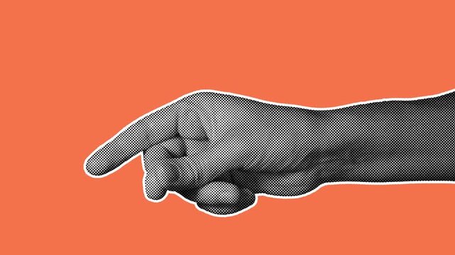 Halftone hand snapping fingers with impact lines on orange background. Retro pop art style, seamless loop for attention, music, and creative content.