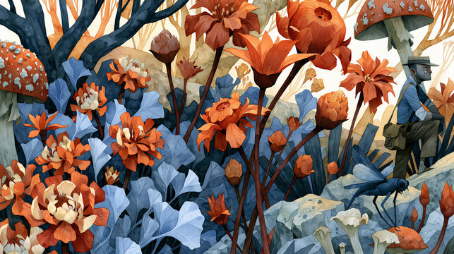 Adventurer climbing a rocky path in a surreal fantasy forest with giant insects and orange blossoms, watercolor style