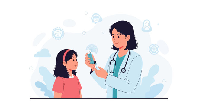 Doctor showing inhaler to young girl, pediatric healthcare and asthma treatment concept illustration