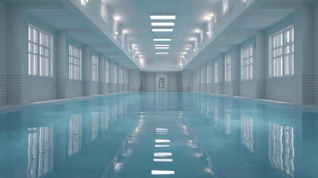clean and modern indoor pool, empty pool hall, minimalistic design, natural light, reflections on water, ultra realistic 8k 