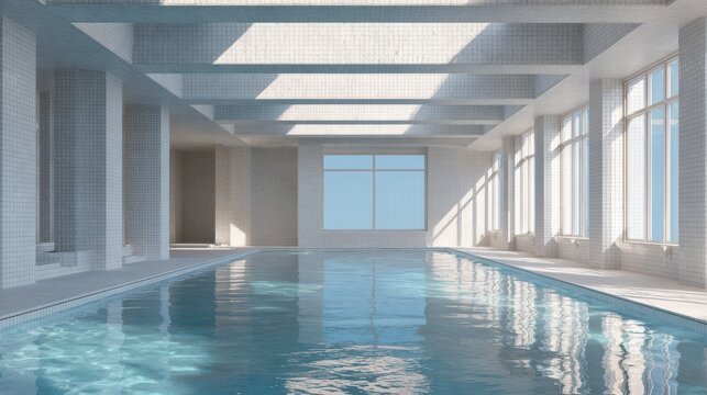 clean and modern indoor pool, empty pool hall, minimalistic design, natural light, reflections on water, ultra realistic 8k 