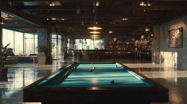 empty pool hall with modern clean design, polished floors, minimalistic furniture, natural daylight, ultra realistic 8k