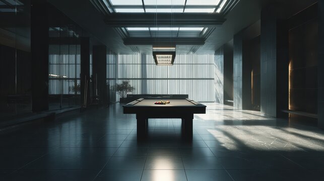 empty pool hall with modern clean design, polished floors, minimalistic furniture, natural daylight, ultra realistic 8k
