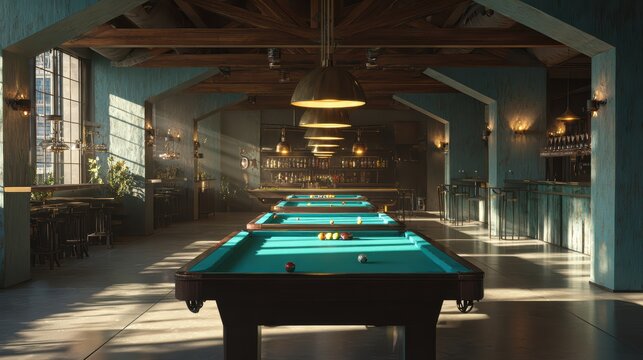 empty pool hall with modern clean design, polished floors, minimalistic furniture, natural daylight, ultra realistic 8k