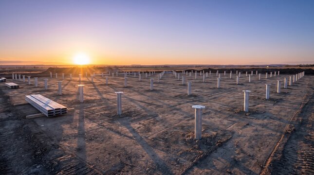 Completed screw pile foundation installed in neat rows at construction site during sunset showing progress and reliability