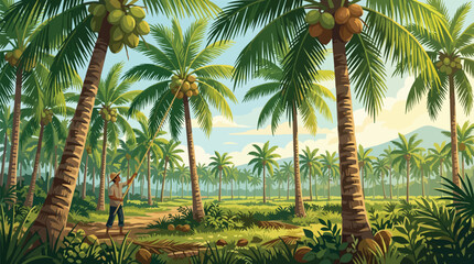 Fototapeta premium Farmer Harvesting Fresh Coconuts in a Lush Tropical Palm Plantation with Scenic Mountain Background and Blue Skies