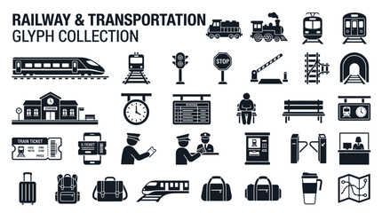 Railway and Transportation Glyph Collection: Train Icons, Station, Tickets, Travel © Yunan