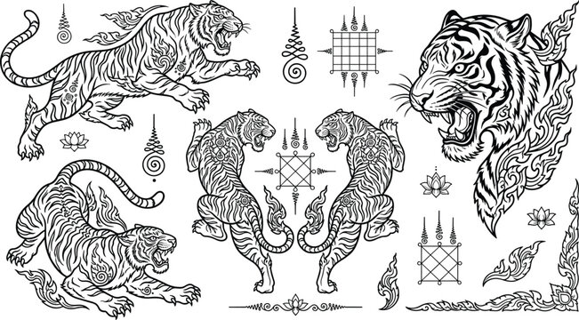 Thai Sak Yant Tiger Tattoo Line Art Set Featuring Roaring Tigers Yantra Symbols Unalome Lotus Flowers and Traditional Kanok Ornaments for Spiritual Graphic Designs