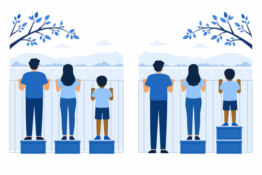 Equality versus equity concept with people looking over a fence