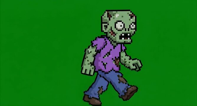Pixel Art Zombie Character Walking Animation on Green Screen Background