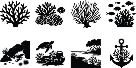 Black silhouettes of coral reefs, sea creatures, and marine habitats in vector illustration © MstRozina