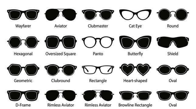 Collection of diverse sunglass styles and shapes, vector illustration