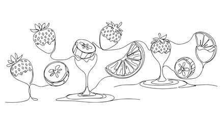 Naklejka premium Continuous Line Art of Fruits and Drinks: Strawberries, Oranges, and Refreshing Beverages