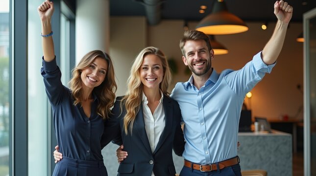 Business Team Celebrating Success in Modern Office with Natural Expressions and High Spirits