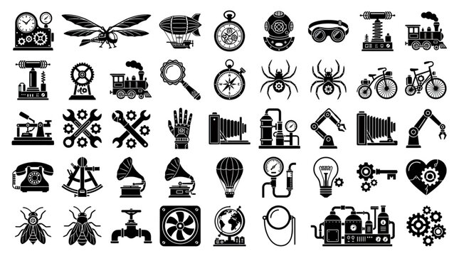 Steampunk Icons Collection: Retro Futuristic Gadgets, Inventions, and Machines