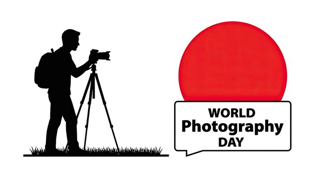 Celebrating world photography day silhouette of photographer with camera on tripod against red sun graphic