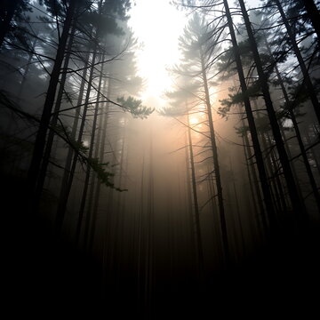 Thick fog rolling through dense forest at dawn, organic natural materials linen wood stone