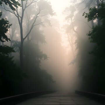 Thick fog rolling through dense forest at dawn, brutalist concrete and shadow