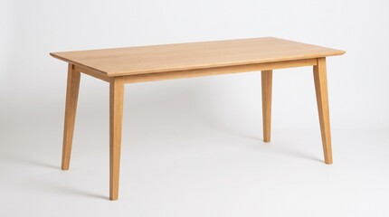 Fototapeta premium Minimalist wooden table with rectangular top and four angled legs, smooth light wood surfaces, clean lines, plain white background, modern furniture design theme.