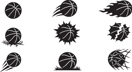 Black and white vector illustration set of basketball icons with flames, motion effects, and dynamic sports designs © YASIR ARAFAT EAVN