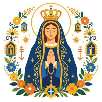 Nossa Senhora Aparecida Crowned Figure With Flowers And Religious Symbols
