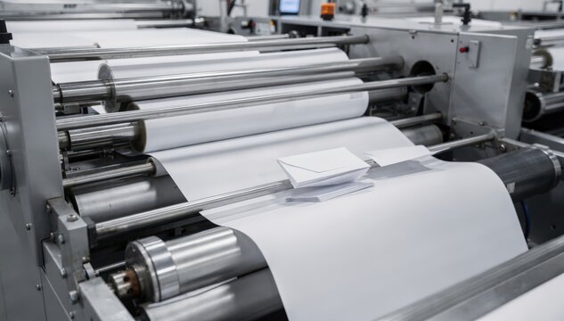 Medium shot of an automated envelope forming machine folding and gluing continuous paper strips into classic white envelopes in a highspeed industrial setting.