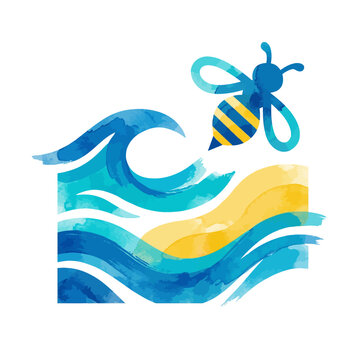 Watercolor illustration of a bee flying over ocean waves