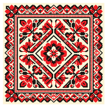 Albanian Folk Textile Rug With Red Geometric Floral Border