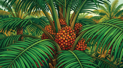 Fototapeta premium Tropical Oil Palm Tree with Ripe Orange Fruit Bunches in Lush Green Agriculture Plantation Background