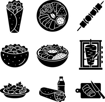 Middle Eastern food icons with shawarma and falafel in a flat design style for culinary branding