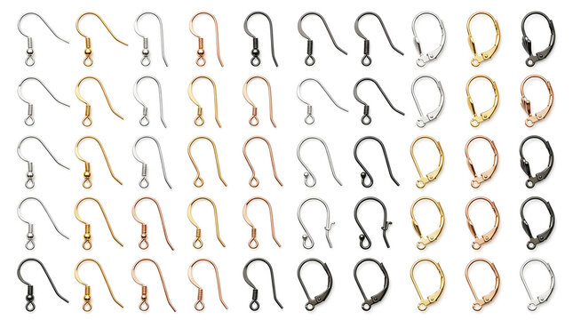 Complete jewelry ear wire findings collection isolated on white background featuring fish hook ear wires, French hooks, shepherd hooks and leverback earring findings in gold, silver, rose gold and bla