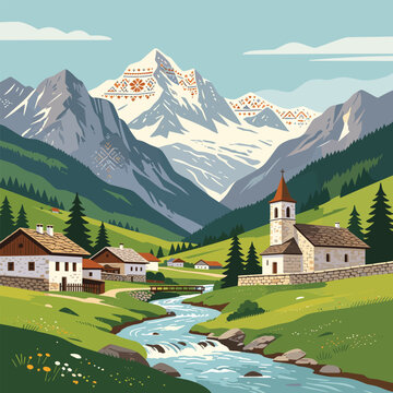 Theth Albania Mountain Village Vector With River And Church