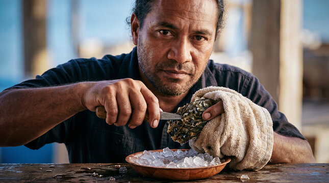 A man in a dark shirt opens a clam shell with a knife .The coastal background suggests seafood.