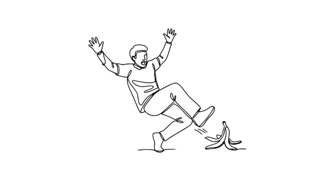 Man slipping on banana peel, falling down, one line drawing, humor, accident