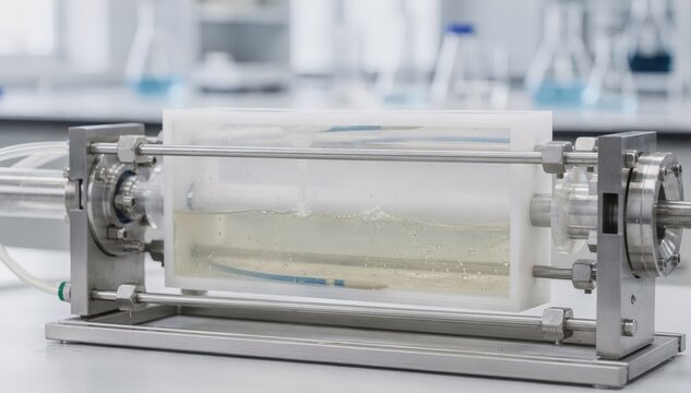 Medium shot focusing on flat sheet ultrafiltration cassettes in a bioprocessing setup showing efficient separation of proteins in a controlled laboratory setting.