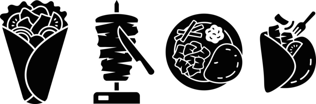Shawarma preparation and serving icons in a line against a white background with a clean style