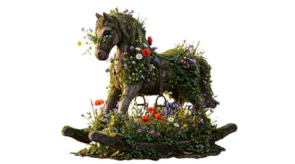 Floral covered rocking horse with moss and wildflowers stands against a black background wooden arrangement foliage garden © rana