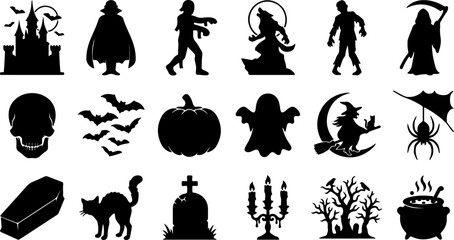 Naklejka premium Large halloween silhouettes set monsters haunted house and scary decor