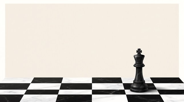 Single black chess king standing alone on checkerboard surface with blank background strategy competition leadership checkmate minimalist professional business decision isolated challenge