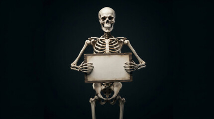 Fototapeta premium Skeleton holding a blank frame on dark background 