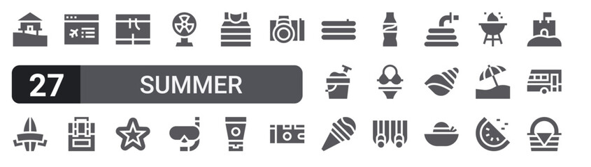 Set of 27 filled glyph Summer icons for mobile apps, web interfaces and digital products. Solid vector icon pack featuring sea, swimsuit, tshirt, beach, sea snail and picnic basket. © William