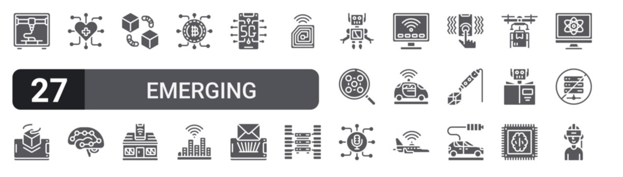 Set of 27 filled glyph Emerging Technology icons for mobile apps, web interfaces and digital products. Solid vector icon pack featuring d printer, blockchain app, g. g for website design and mobile,