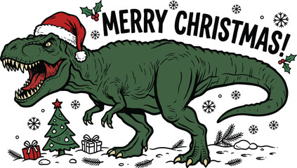 A green dinosaur wearing a santa hat on a with a christmas tree and presents © Mizan