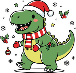 A cheerful cartoon dinosaur wearing a santa hat and scarf on with holiday decorations © Mizan