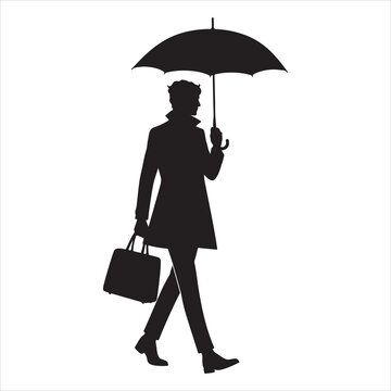 A man is walking with a bag in his hand and an umbrella on his head