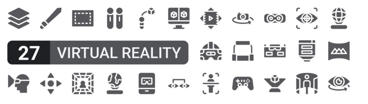 Set of 27 filled glyph Virtual Reality icons for mobile apps, web interfaces and digital products. Solid vector icon pack featuring d. d for website design and mobile, app development, print. d from